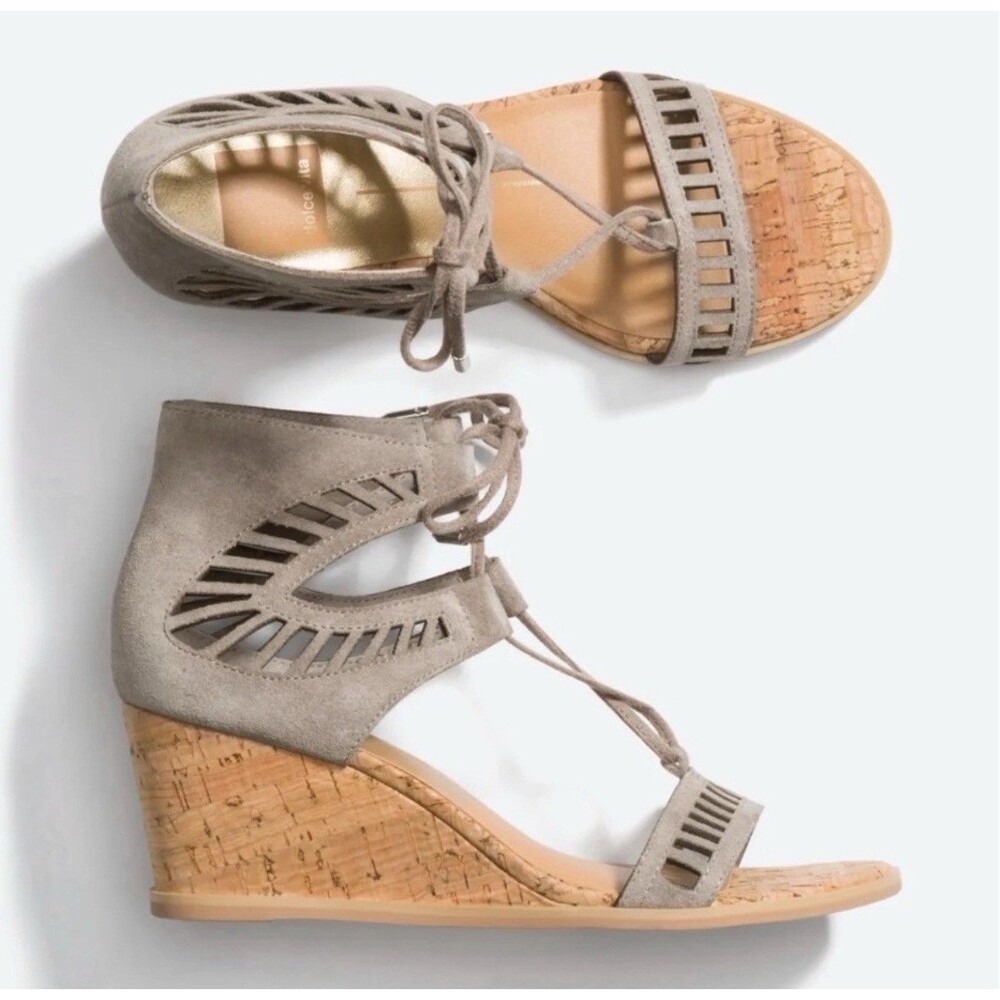 DOLCE VITA Loraine Ghillie Taupe Cork Die Cut Lace Up Wedge Sandals 10 Gladiator